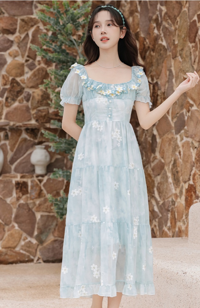 Summer high waist pinched waist blue retro dress for women