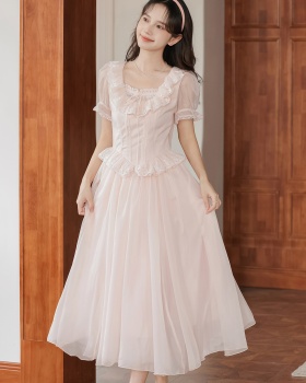 Puff sleeve lace long dress maiden France style dress