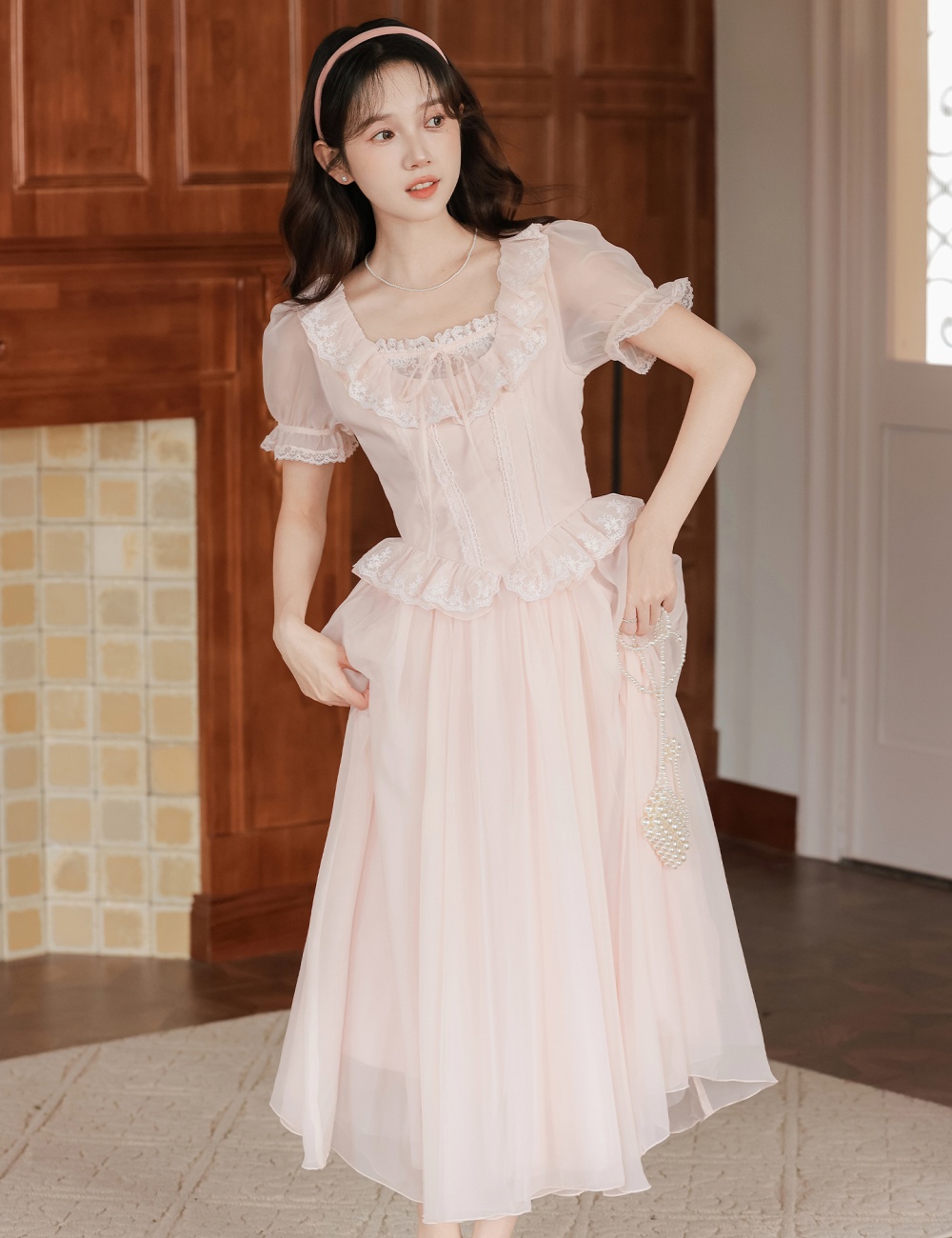 Puff sleeve lace long dress maiden France style dress