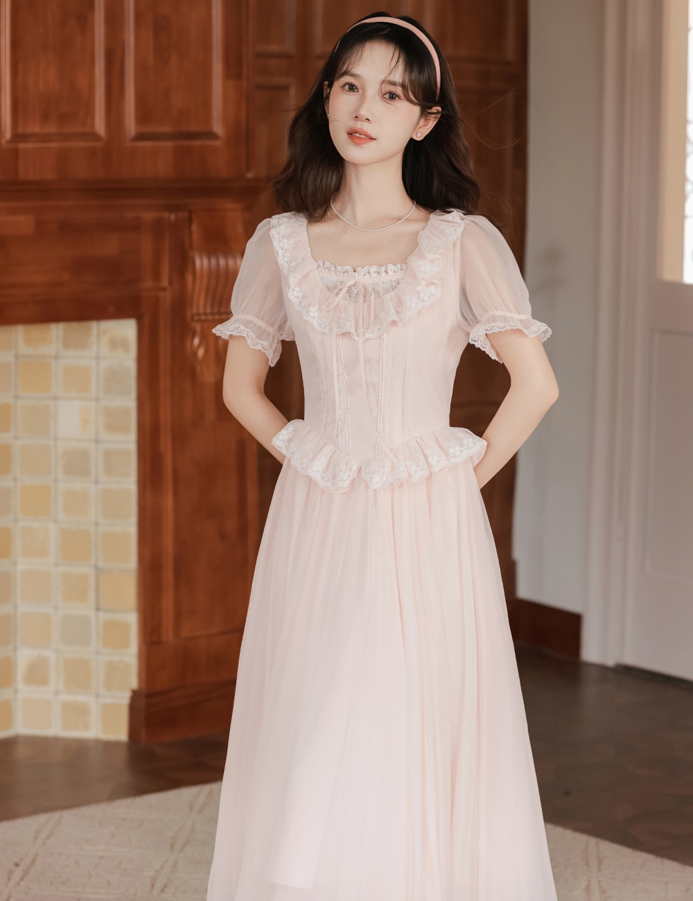 Puff sleeve lace long dress maiden France style dress