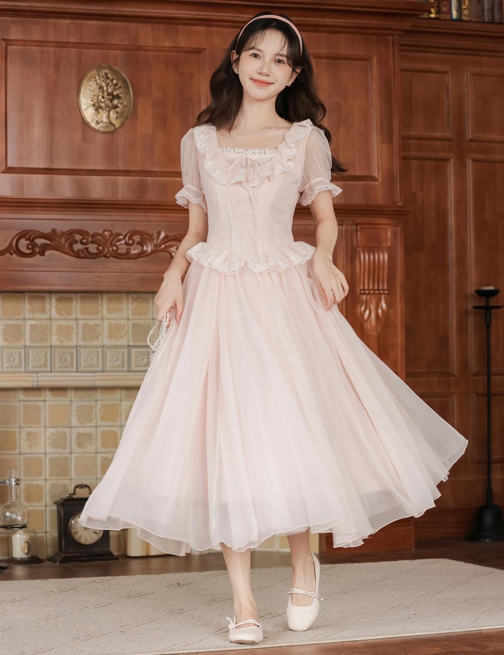 Puff sleeve lace long dress maiden France style dress