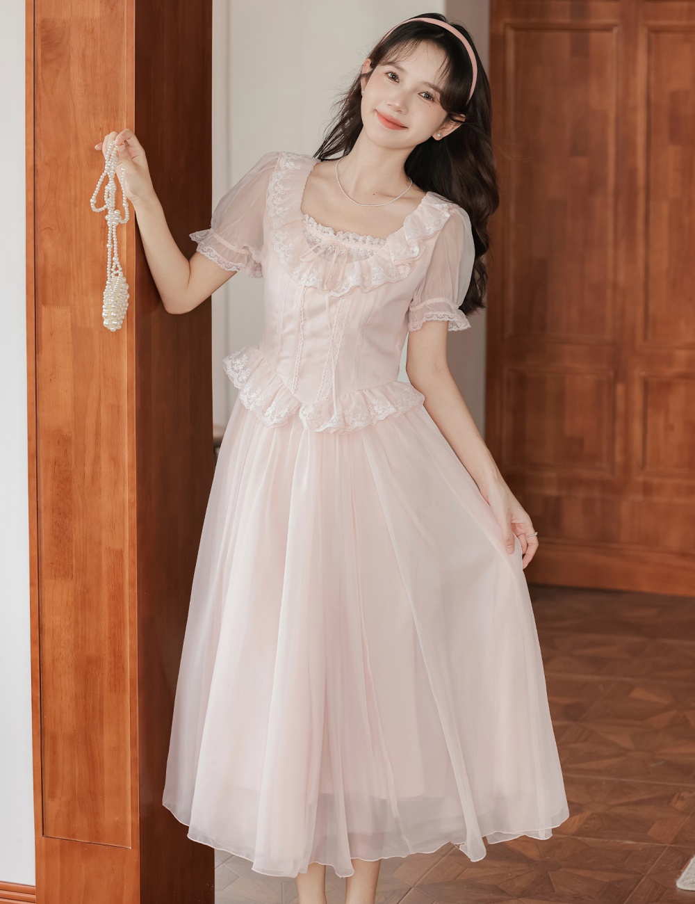 Puff sleeve lace long dress maiden France style dress