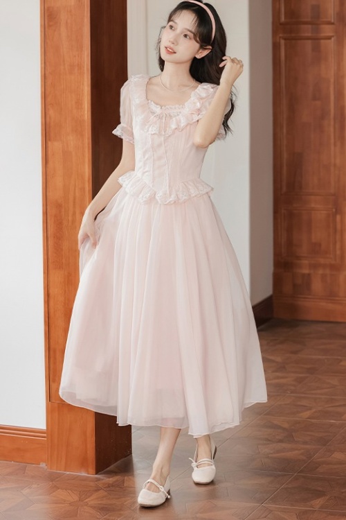 Puff sleeve lace long dress maiden France style dress