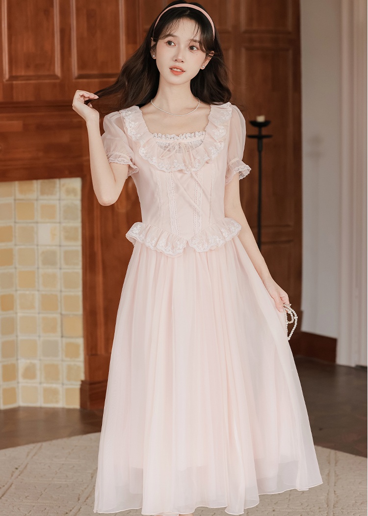 Puff sleeve lace long dress maiden France style dress