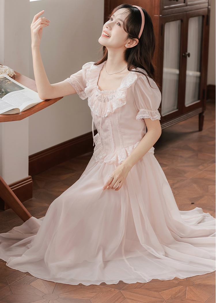 Puff sleeve lace long dress maiden France style dress