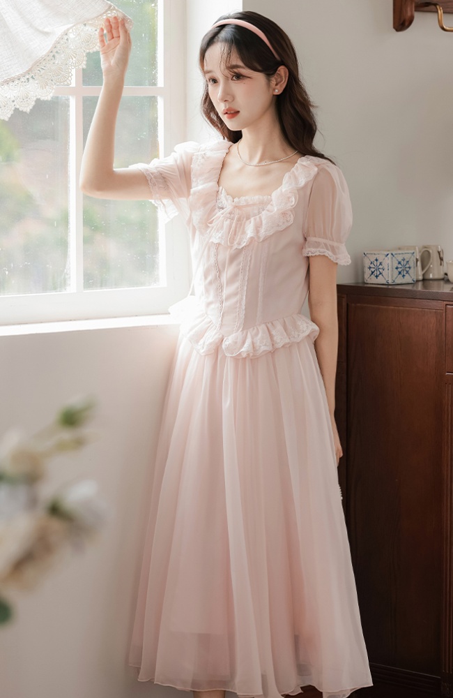 Puff sleeve lace long dress maiden France style dress