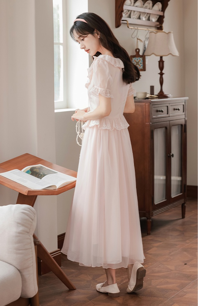 Puff sleeve lace long dress maiden France style dress