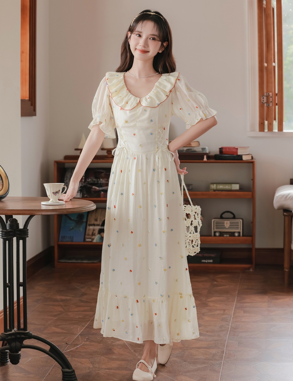 Embroidery romantic tender lotus leaf edges dress