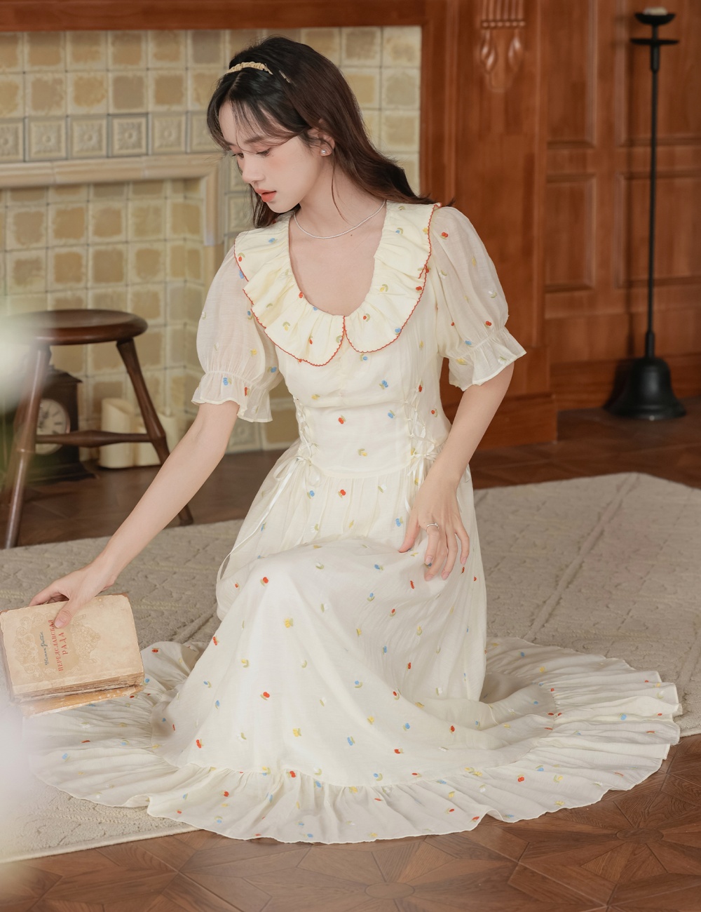 Embroidery romantic tender lotus leaf edges dress