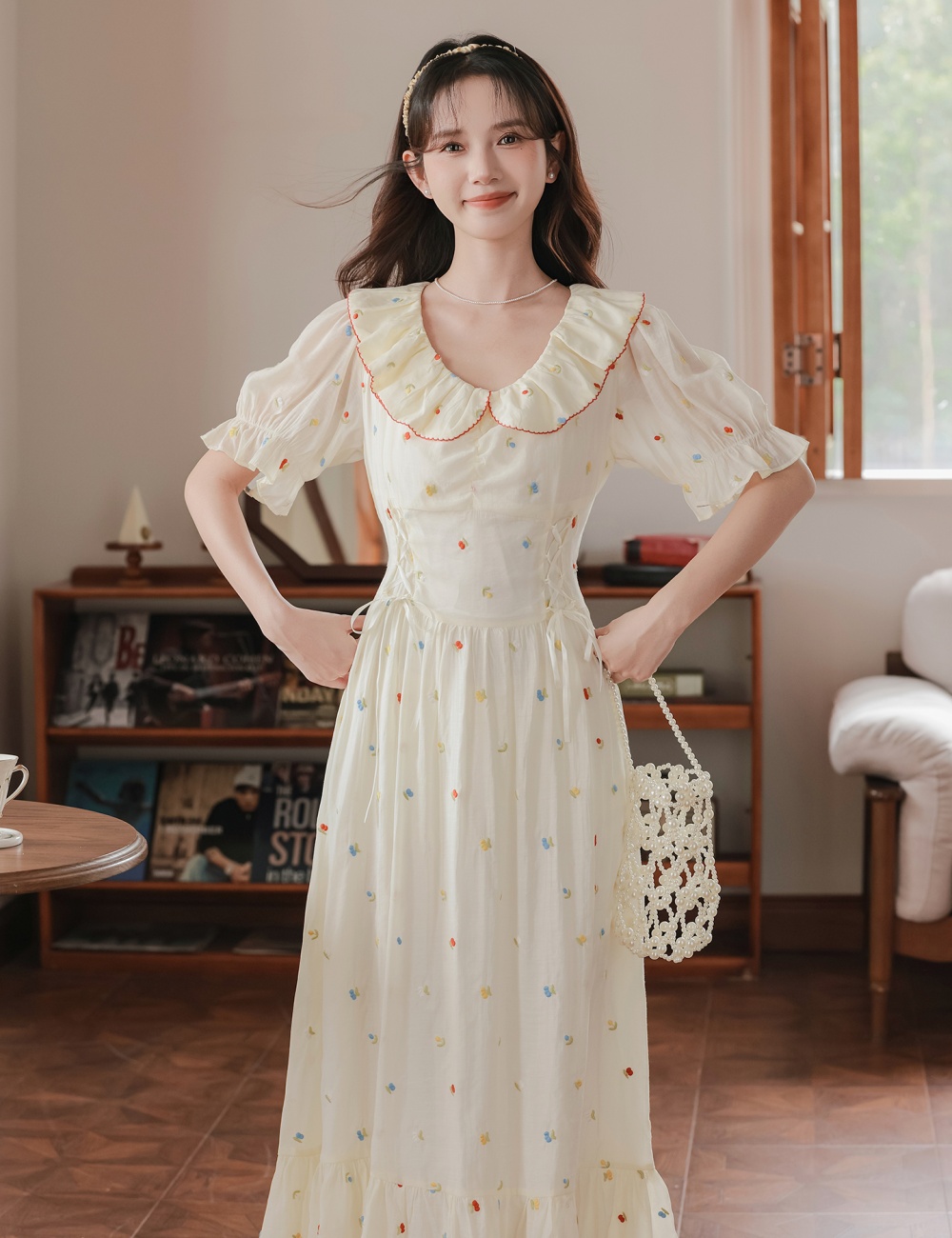 Embroidery romantic tender lotus leaf edges dress