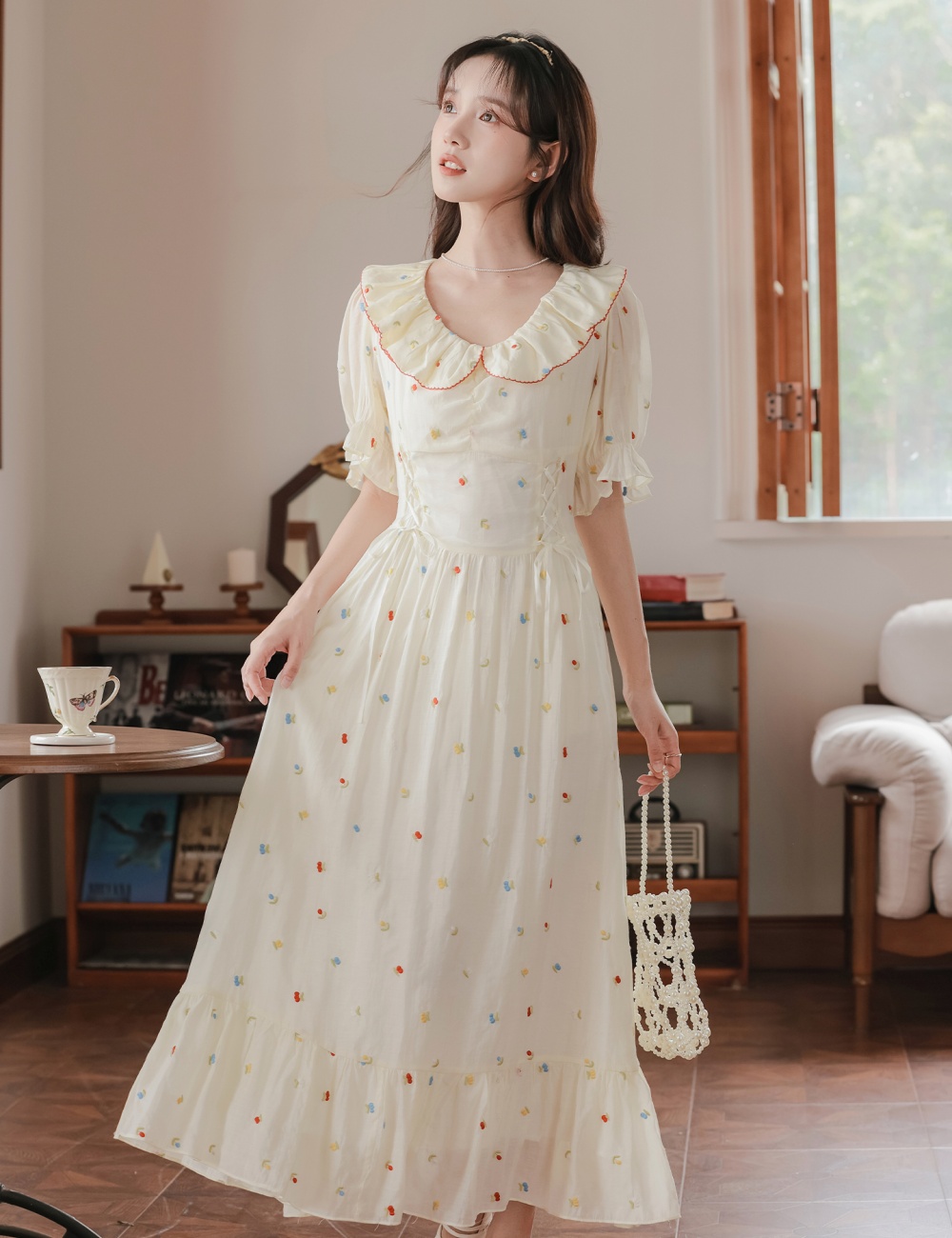 Embroidery romantic tender lotus leaf edges dress