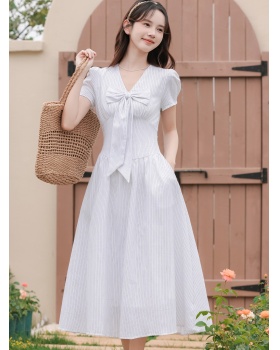 Slim summer France style dress V-neck stripe long dress