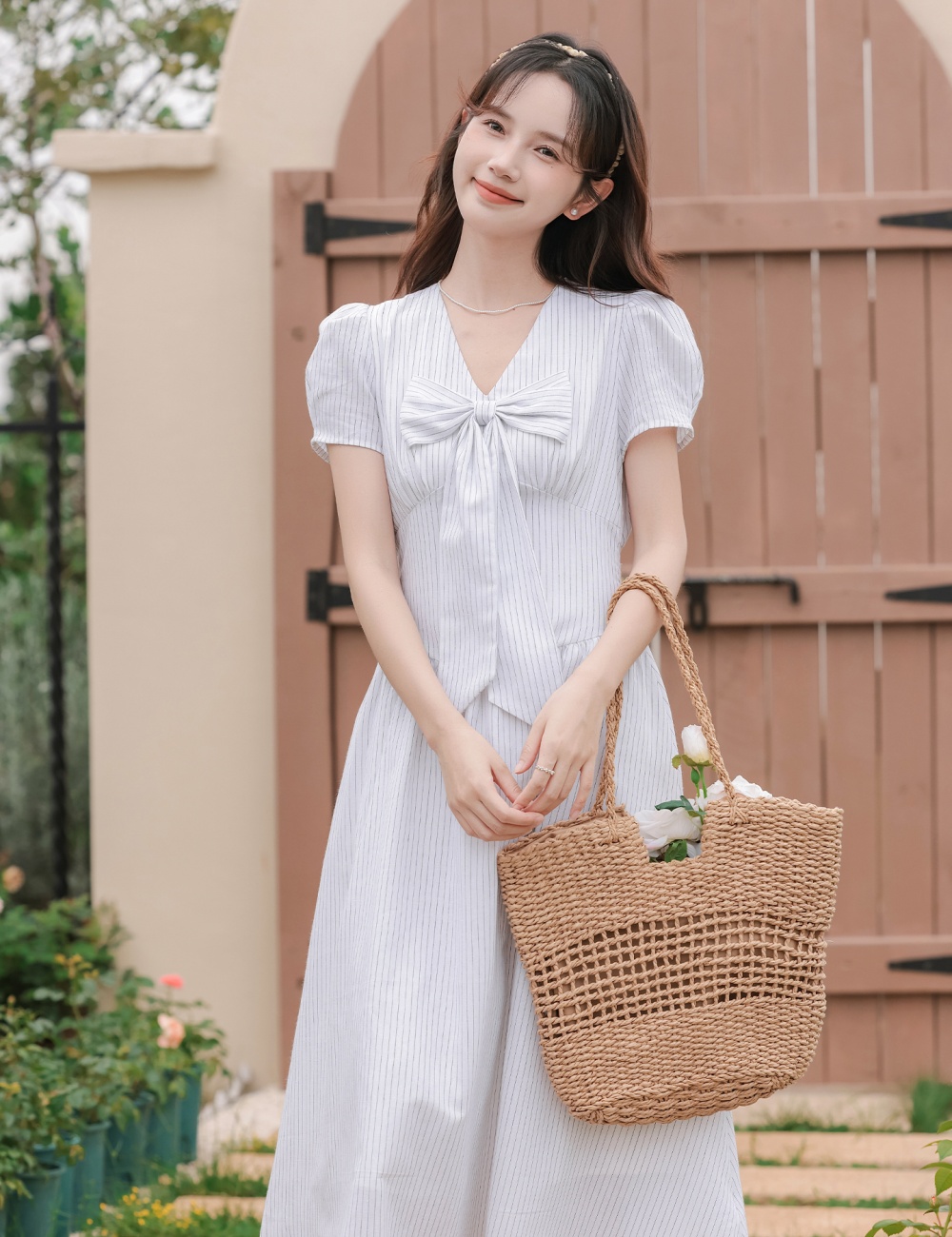 Slim summer France style dress V-neck stripe long dress
