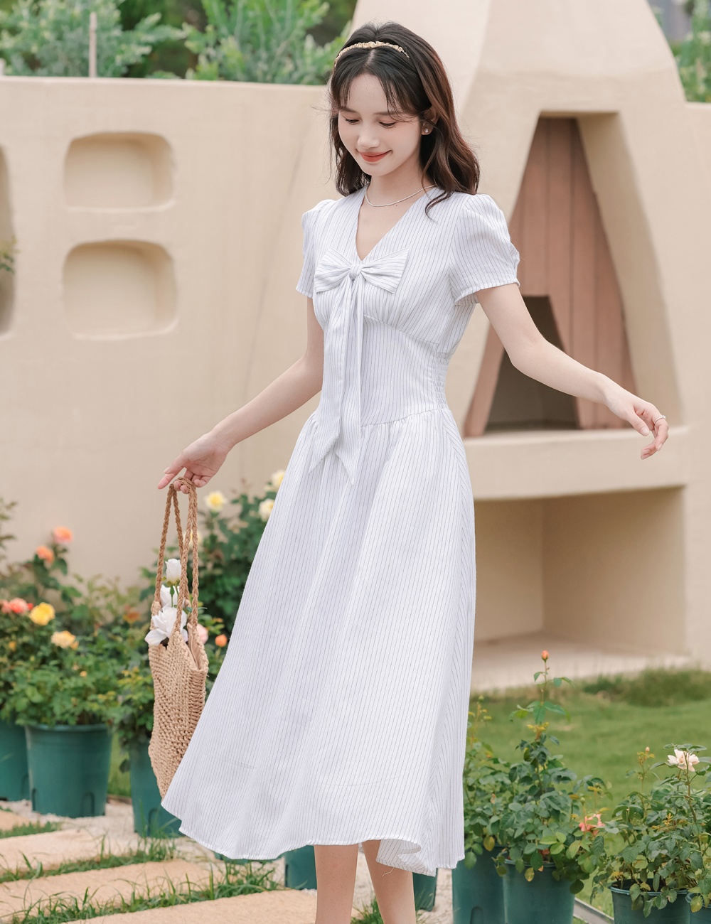 Slim summer France style dress V-neck stripe long dress