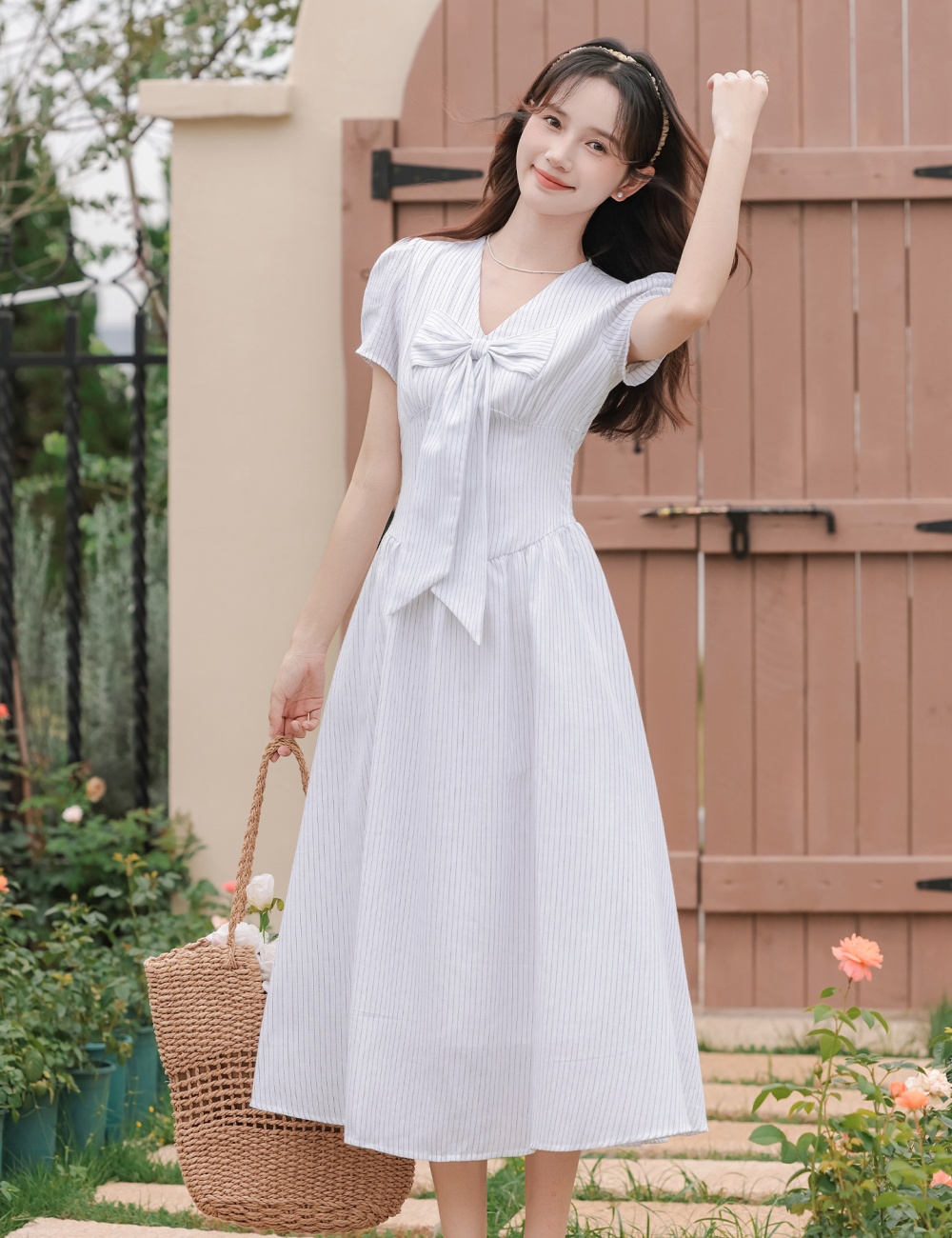 Slim summer France style dress V-neck stripe long dress