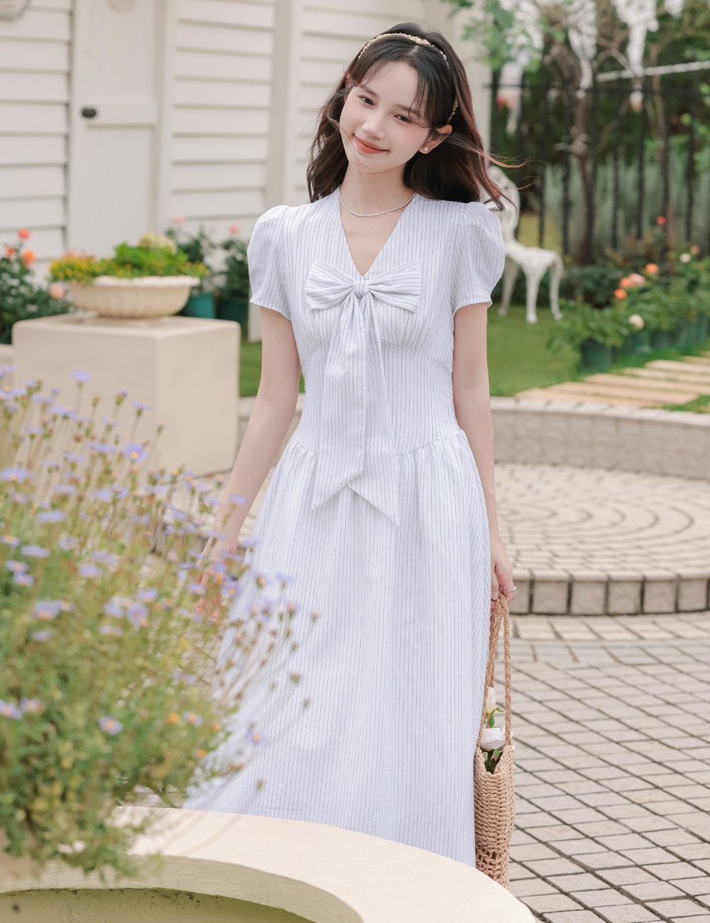 Slim summer France style dress V-neck stripe long dress