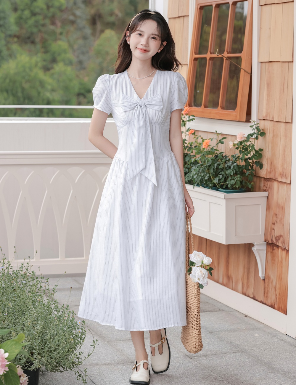 Slim summer France style dress V-neck stripe long dress