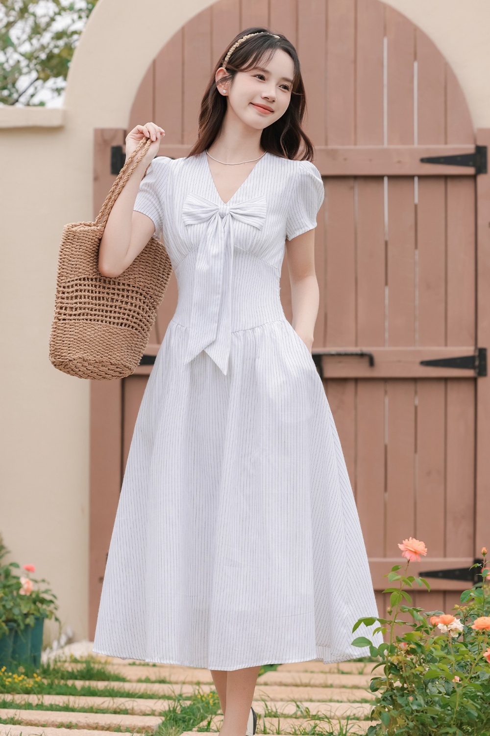Slim summer France style dress V-neck stripe long dress
