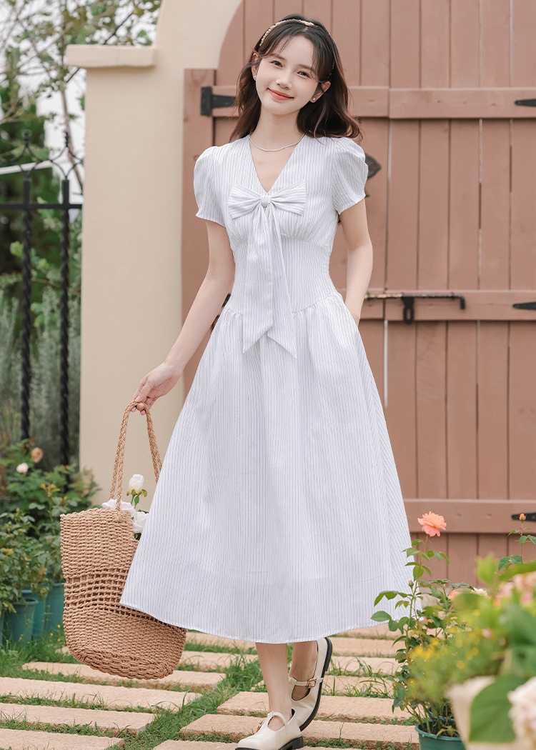Slim summer France style dress V-neck stripe long dress