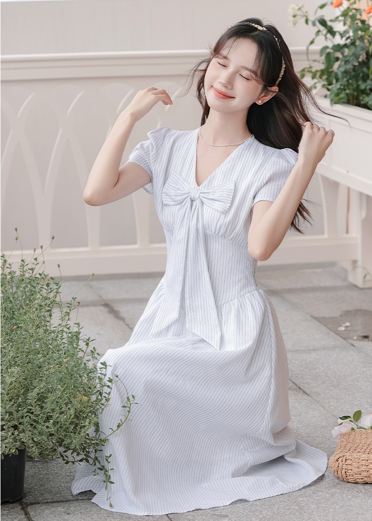 Slim summer France style dress V-neck stripe long dress