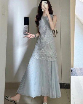 Pleated crochet gauze niche sleeveless dress for women