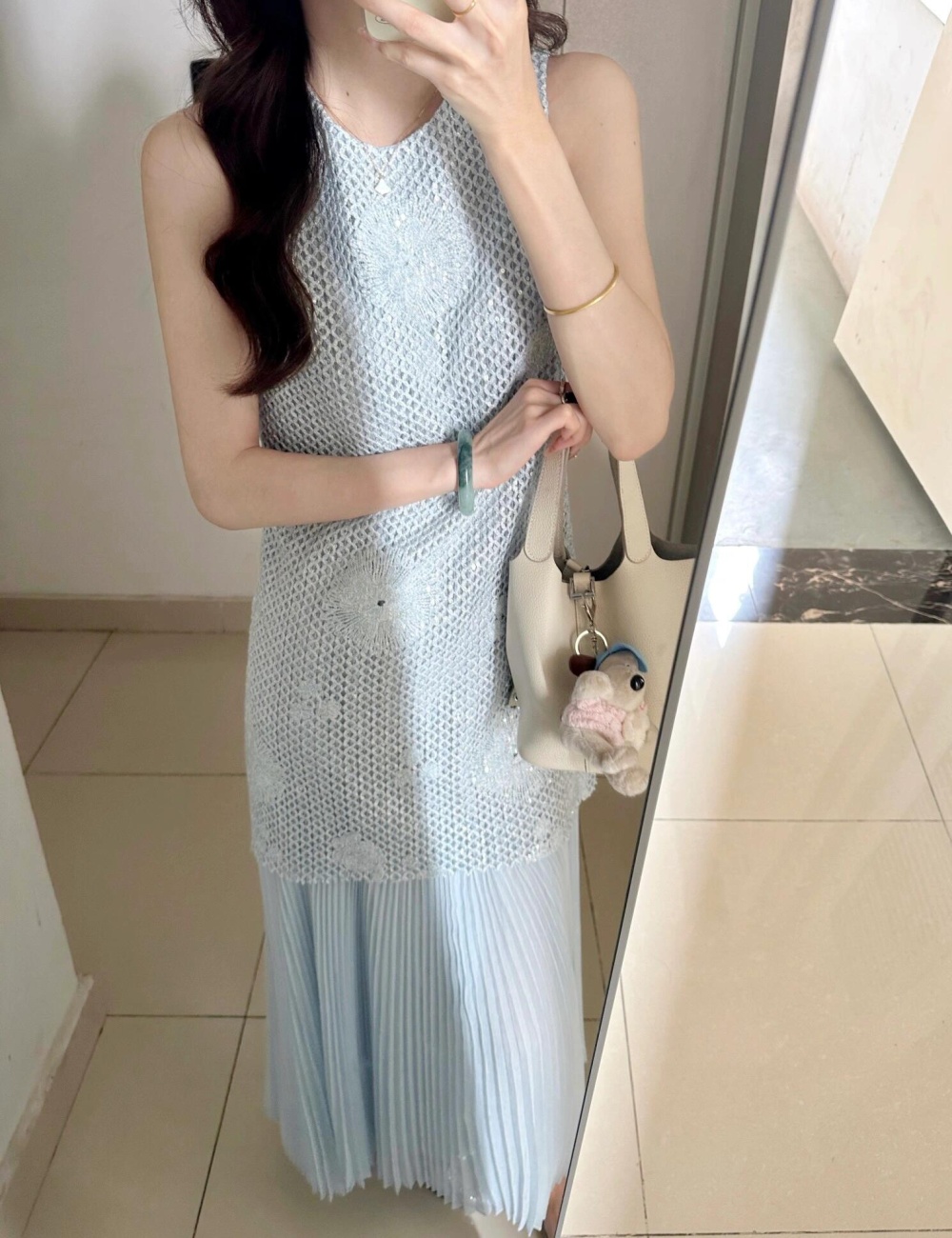 Pleated crochet gauze niche sleeveless dress for women