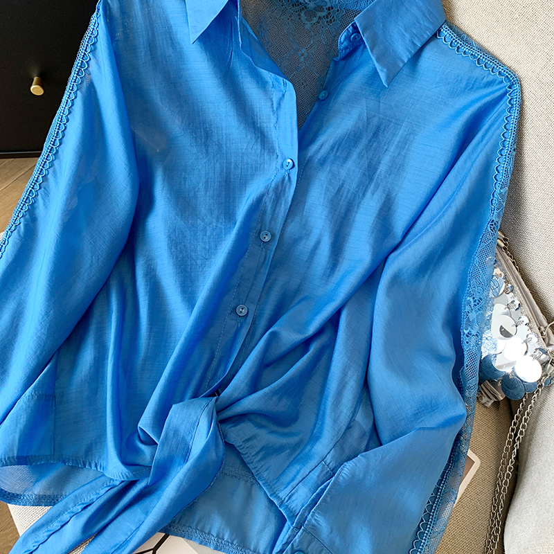 Summer thin lace sunscreen coat lapel loose splice tops