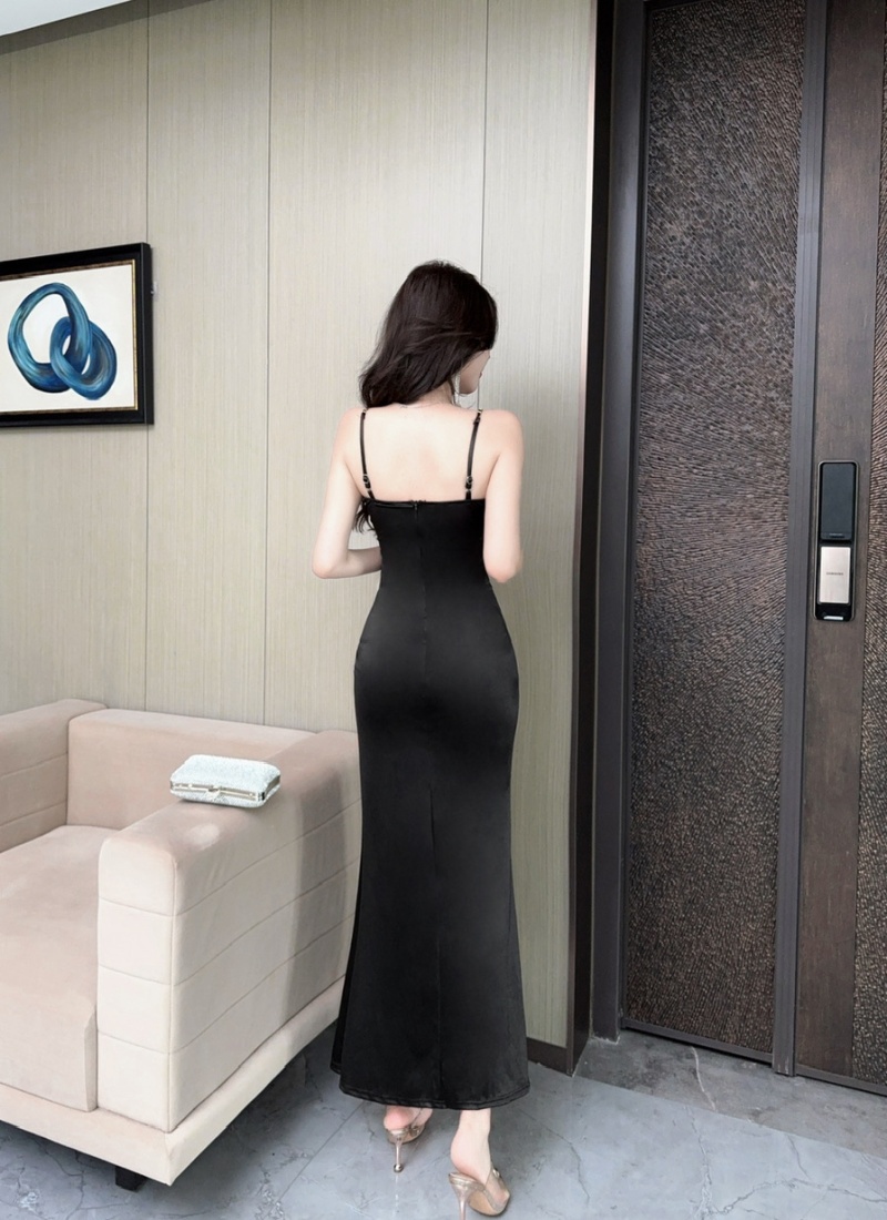Hollow sling satin sexy formal dress long splice gauze dress
