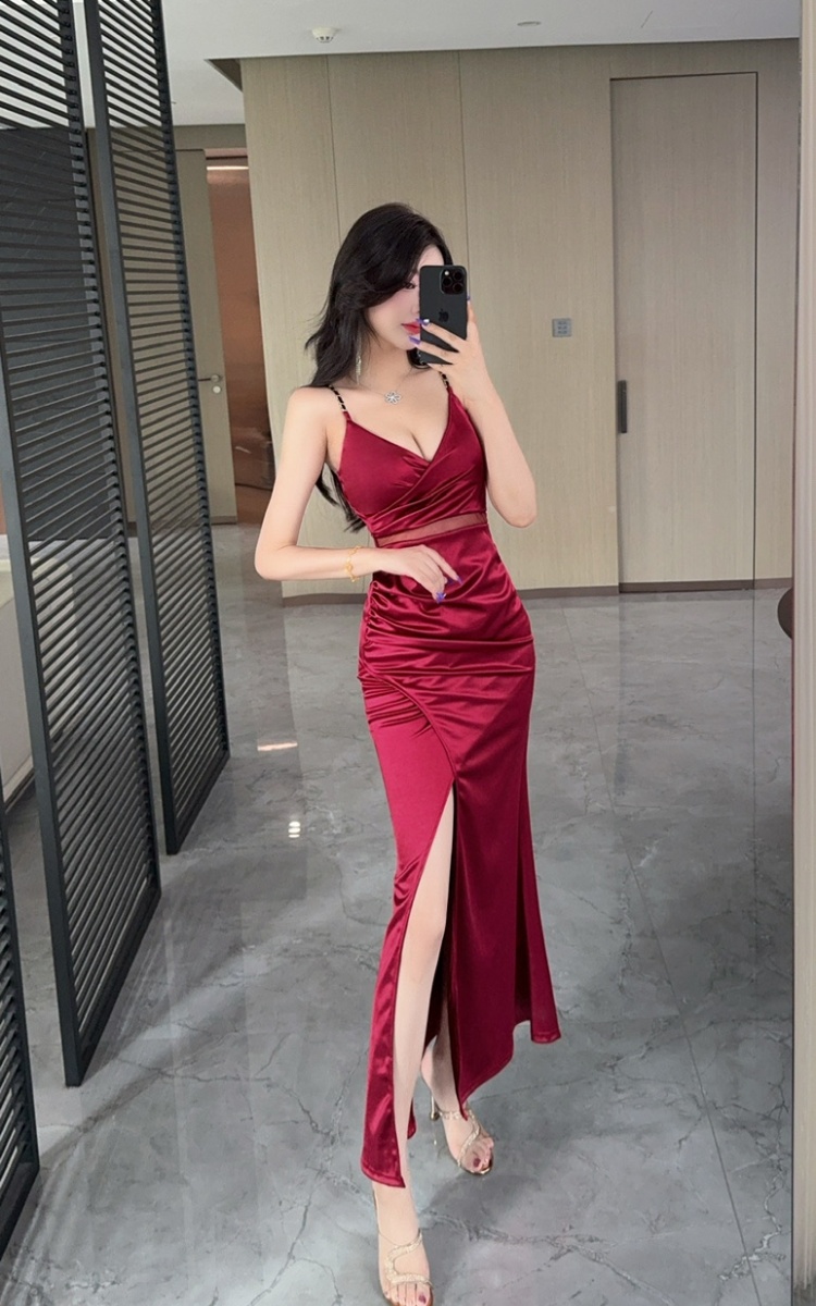 Hollow sling satin sexy formal dress long splice gauze dress