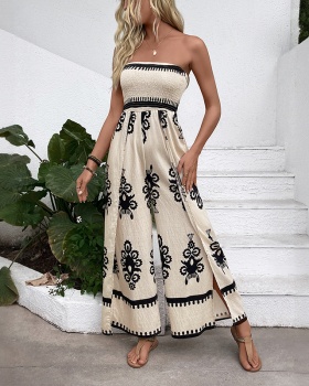 Wrapped chest vacation split printing wide leg jumpsuit