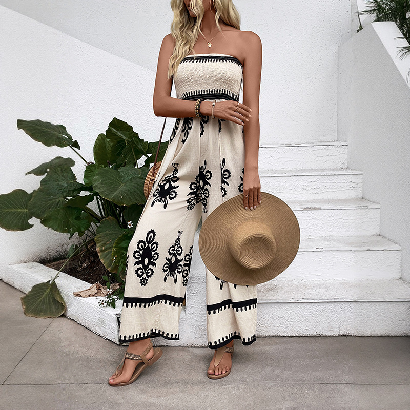 Wrapped chest vacation split printing wide leg jumpsuit