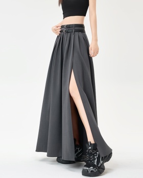Split long summer belt A-line double drape skirt for women
