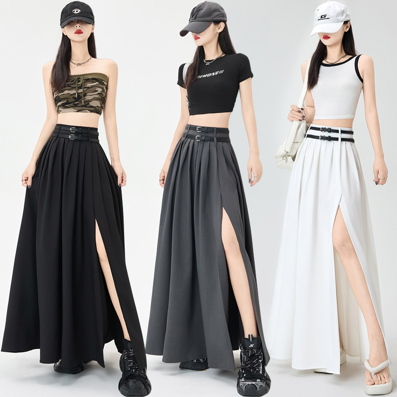 Split long summer belt A-line double drape skirt for women