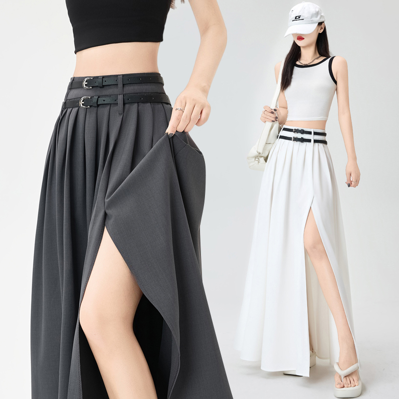 Split long summer belt A-line double drape skirt for women