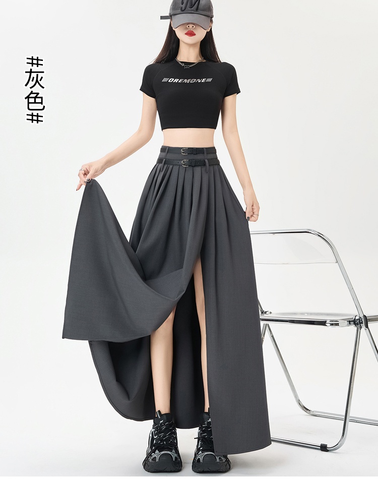 Split long summer belt A-line double drape skirt for women