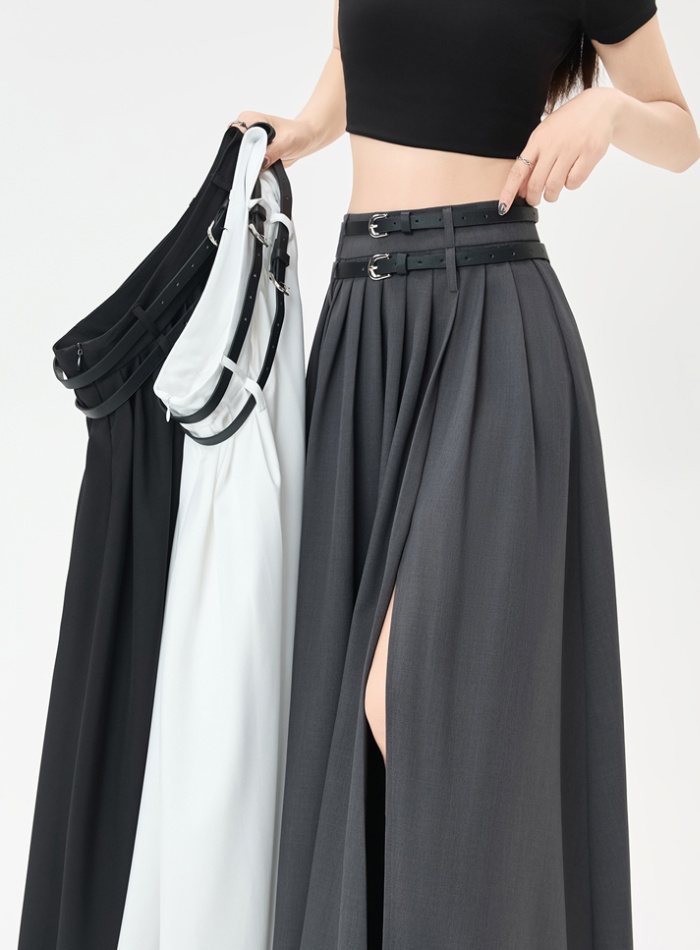 Split long summer belt A-line double drape skirt for women
