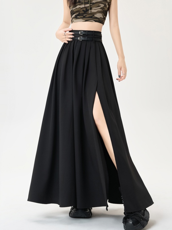 Split long summer belt A-line double drape skirt for women