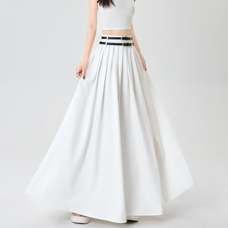 Split long summer belt A-line double drape skirt for women