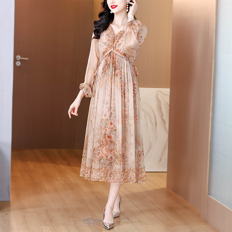 France style silk ladies vacation floral real silk dress