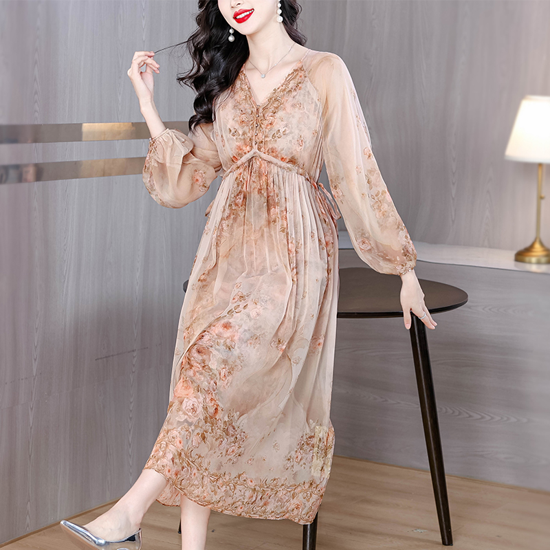 France style silk ladies vacation floral real silk dress