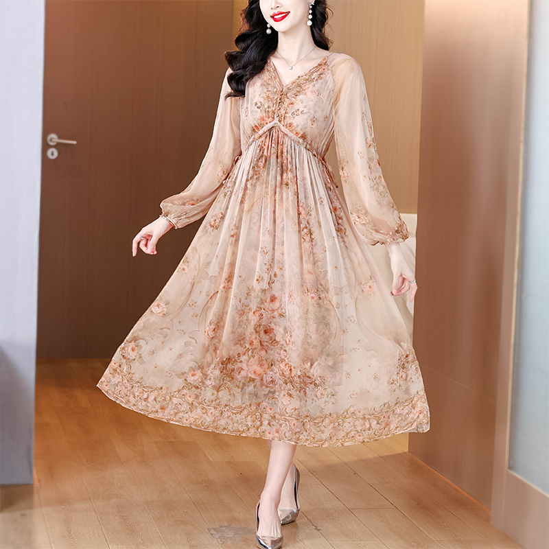 France style silk ladies vacation floral real silk dress