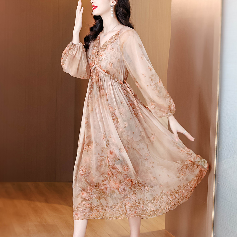 France style silk ladies vacation floral real silk dress
