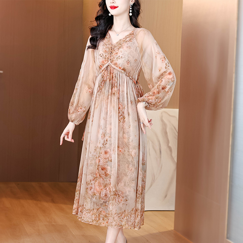 France style silk ladies vacation floral real silk dress