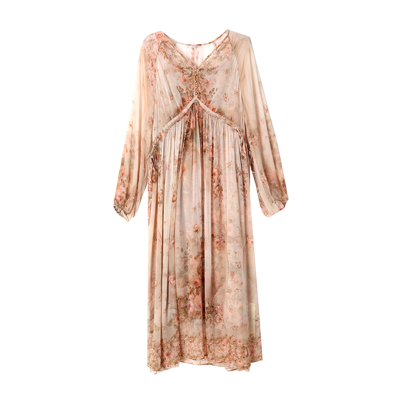 France style silk ladies vacation floral real silk dress