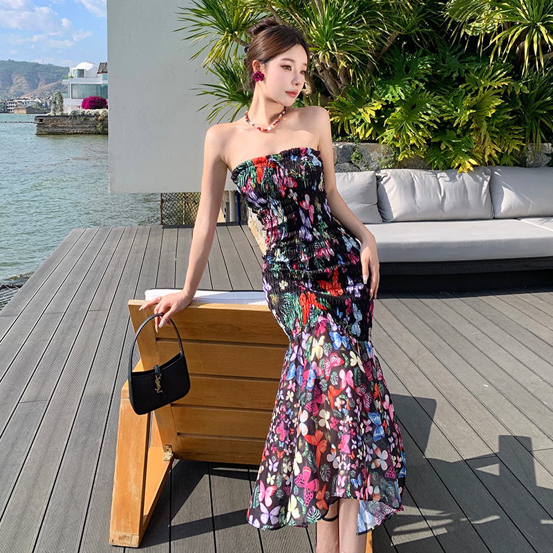 Printing lotus leaf edges long dress wrapped chest dress