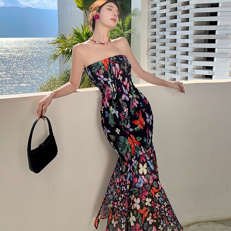 Printing lotus leaf edges long dress wrapped chest dress