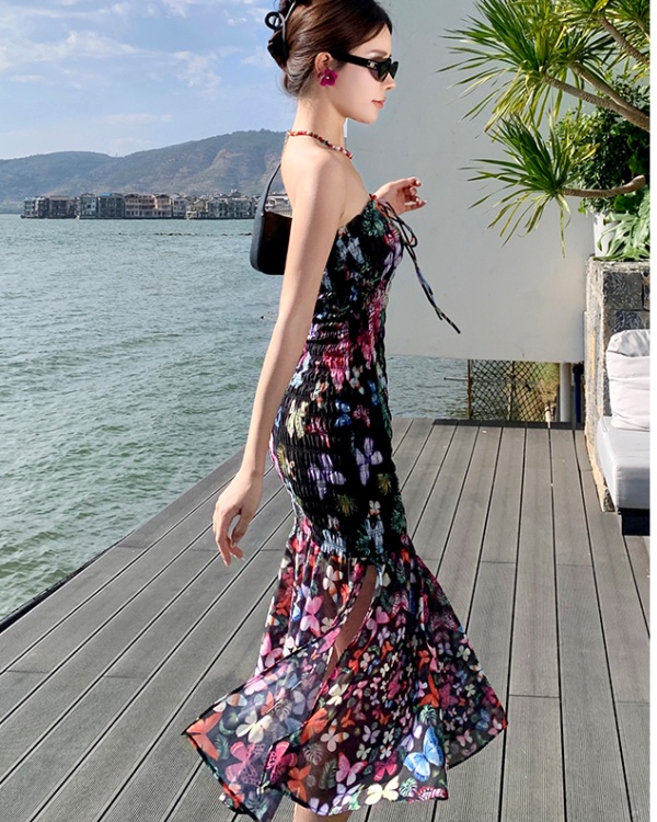 Printing lotus leaf edges long dress wrapped chest dress