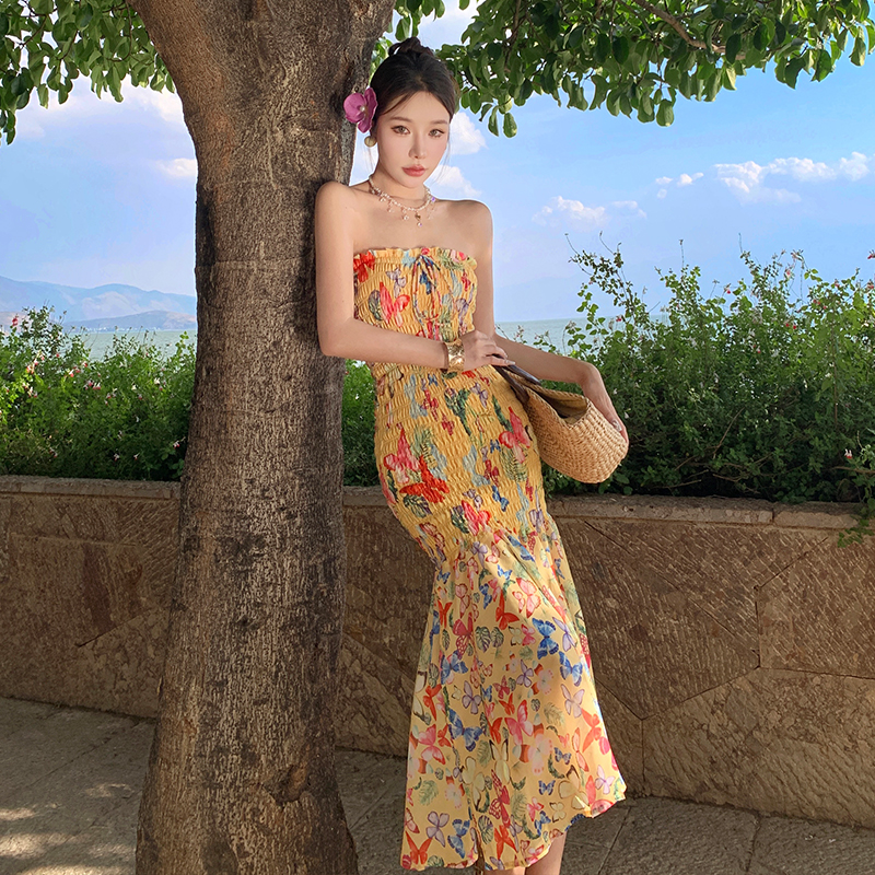 Printing lotus leaf edges long dress wrapped chest dress