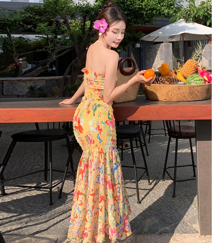 Printing lotus leaf edges long dress wrapped chest dress