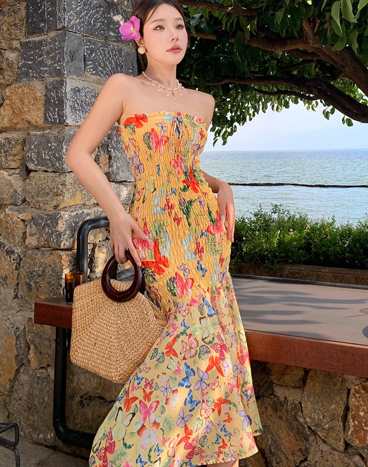 Printing lotus leaf edges long dress wrapped chest dress